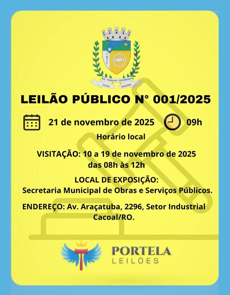 Prefeitura de Cacoal realiza leilão público no dia 21 de novembro